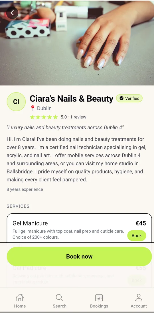 A provider's profile in the app, showing a verified badge, a five-star rating and a gel manicure priced at forty-five euro.
